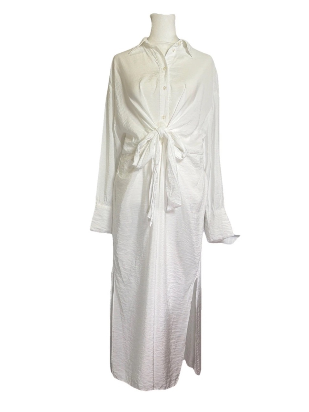 H&M Half Calf White Tie Waist Dress Button Front Size S